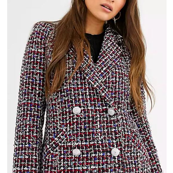 ASOS River Island Boucle Tweed Double Breasted Blazer Jacket Red Check Size 4 - Picture 3 of 11